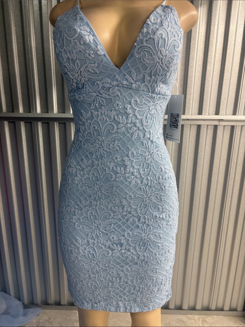 Emerald Sundae Powder Blue Lace Spaghetti Strap Mini Dress